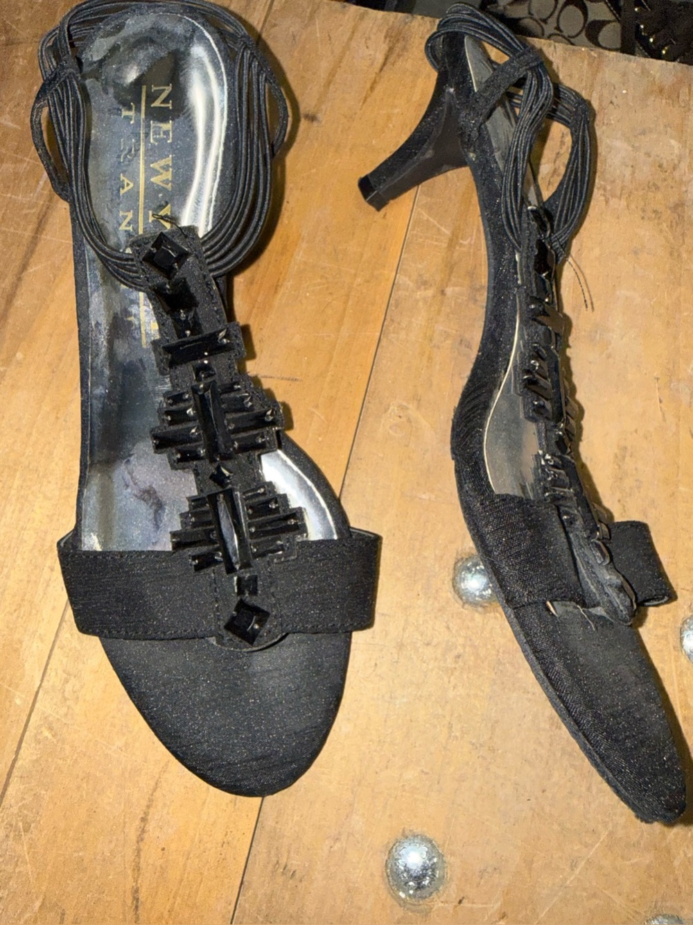 New York Transit black satin T-strap kitten heels